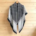 Black and white geometric print silk square scarf, elegant lightweight shawl for women's daily wear. - 130FJ53-Black