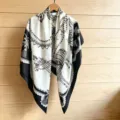Black and white printed square scarf women classic equestrian harness design silk feel shawl - 130FJ52 - Black