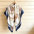 Elegant women's square silk scarf with classic carriage and strap print, vintage luxury style shawl. - 130FJ52-Royal Blue