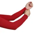 Red modal sun protection arm sleeves detail close-up, breathable outdoor sports sun protection. - One Size / Ancorra Red