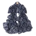 Detailed view of blue plaid chiffon scarf, lightweight summer shawl and stylish neck accessory. - Navy Blue Plaid