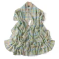 Detailed view of a lightweight blue and yellow plaid chiffon scarf shawl for women summer. - Yellow Mint Plaid