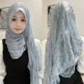 Light luxury crinkle hijab soft brim solid wrap scarf for women elegant Muslim headwear - Morandi Blue