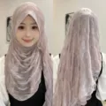 Elegant solid color crinkled hijab headscarf with soft brim, front and back view. - Light Jasmine Purple