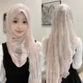 Luxury solid color crinkle hijab soft brim crystal linen wrap scarf for women fashion daily wear - White Peach Pink