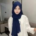 Elegante hijab in chiffon da donna, sciarpa lunga tinta unita con delicato ricamo floreale elegante. - 11# Blu navy