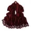Burgundy scarf with delicate white floral embroidery and a shimmering finish for elegant styling. - 1# Wine Red