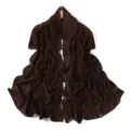 Detailed close-up view of the dark brown chiffon shawl featuring delicate floral embroidery edge. - 5# Coffee