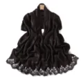 Detailed view of dark shiny long scarf with exquisite white floral embroidered edges. - Lava Dark Chocolate