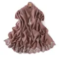Glossy pearlescent solid color long scarf with delicate white floral embroidery. Elegant shawl. - Gem Brown