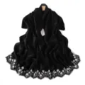 Close-up detail of black shiny shawl with exquisite white floral embroidery hem. - Versatile Black