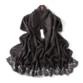 Close-up detail of dark glossy long scarf featuring exquisite white floral embroidery edge. - Gray Series Gray