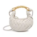 Mini white woven leather crossbody bag featuring a luxury gold twisted metal handle. - White