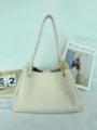 Beige woven leather shoulder bag, stylish casual handbag with metal knot hardware accessory. - Medium 29.5*17.5*18.5cm / Off White