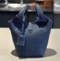 Classic blue leather bucket bag top grain cowhide tote handbag with twin handles and strap. - S / Navy Blue