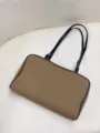 Canvas shoulder bag with black leather trim, stylish horizontal boston handbag for women. - Canvas Khaki