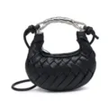 Mini black woven leather crossbody bag with distinctive metal twist handle dumpling purse chic. - Black