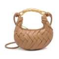 Mini handmade woven leather hobo crossbody bag with metallic twisted handle stylish. - Brown