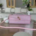 Sac de soirée strass rose, élégant sac bandoulière horizontal en diamant avec serrure métal chic. - Rose Gaufré