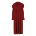 Back detail of dark red modest dress featuring pleated ruffles and long sleeves, elegant abaya design. - One Size / Dresses / Burgundy