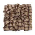 Detailed view of retro British style plaid chiffon square scarf, classic grid print shawl. - Khaki Coffee Plaid