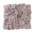 Detailed view of a soft pink and blue plaid chiffon square scarf, elegant draped fabric. - Blue Pink Plaid