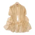 Elegant shimmering champagne chiffon shawl scarf with faux pearls and metallic silver threads. - Wheat Beige