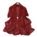 Wine red pearl shimmer chiffon shawl detail, elegant sheer scarf accessory for women. - Vintage Red