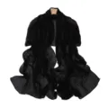 Black pleated chiffon scarf shawl with pearls and silver threads, elegant women's accessory. - Black