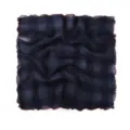 Detailed view of the pleated navy blue square scarf with contrast lettuce edge design. - Navy Blue