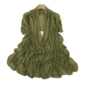 Olive green mesh shawl detail showing delicate rhinestone sparkles and fine ruched texture. - 14# Okra Green