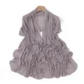 Detailed view of the sheer stretch mesh shawl with subtle rhinestone studs in taro purple. - 15# Moonlight Gray