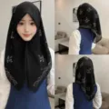 Black chiffon hijab with rhinestone leaf design, elegant Muslim headscarf for women. - Classic Black