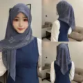 Chiffon square hijab scarf with rhinestones, elegant leafy hotfix design, perfect for women. - 8# Haze Blue