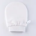 White exfoliating bath mitt detail, thick scrub material, elastic wristband, daily shower clean. - White