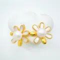 Elegant gold plated flower pearl stud earrings with mother of pearl inlay for women daily wear. - Stud Earrings / Natural Pearl / Gold