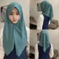 Elegant chiffon hijab with sparkling rhinestones and pearl details, multi-angle view. - Mint Blue