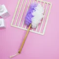 Long handled bath shower brush with wooden handle and mesh back scrubber for body exfoliation. - Purple White