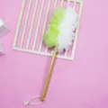 Long handle bath brush with dual color mesh puff and wooden handle for body scrubbing - Green/White