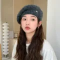 Women dark grey knitted beret hat autumn winter warm vintage painter newsboy hat fashion chic - One Size / Dark Gray