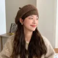 Women knit beret hat autumn winter warm casual fashion solid color painter hat stylish accessory. - One Size / Brown