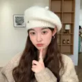 Chic fuzzy wool beret hat for women, soft winter warm stylish painter cap for daily wear. - One Size / Off White