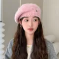 Pink knit beret hat detail, cozy wool texture and stylish metal rivet for autumn winter wear. - One Size / Pink