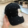 Black polka dot baseball cap with cute white bunny patch embroidery for women and teens. - One Size / Black
