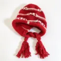 Red white striped knit trapper hat with braids and tassels, winter warm wool beanie for women. - One Size / Red