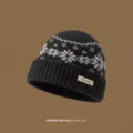 Dark grey Fair Isle knit wool beanie winter warm snow pattern hat for women and men. - One Size / Black and Gray