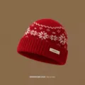 100% Pure Wool Christmas Fair Isle Knit Beanie Winter Warm Snowflake Hat Red Ski Cap - One Size / Oak Red