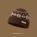 Brown wool knit beanie hat with white Fair Isle snowflake pattern, warm winter slouchy cap. - One Size / Dark Coffee