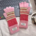 Gants en tricot pelucheux à rayures roses pour femmes, gants tactiles chauds d'hiver. - Taille unique / Rose rouge