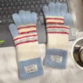 Gants en tricot pelucheux d'hiver chauds rayés colorés gants thermiques souples pour femmes - Taille unique / Bleu gris